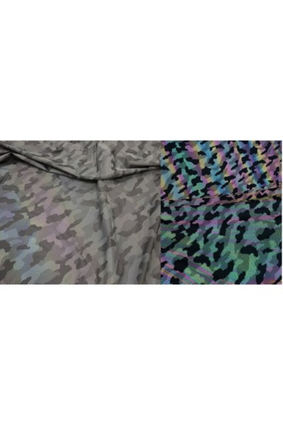 DG-CW  Multicolor Printed Reflective Stretch Fabric  Yoga Clothing  Iridescent Reflective Fabric  Silver Print Reflective Fabric  Size: Width 1.45m  Thickness: 0.45mm  Material: 100% Polyester / Polyester-Cotton / Polyester-Spandex  Reflectivity: 330-420  detail view-1